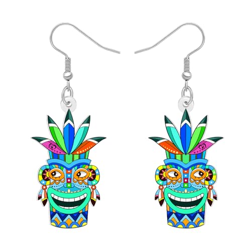DOWAY Acryl Funky Tiki Maske Ohrringe Baumeln Retro Polynesian Tribal Charms Urlaub Tropical Hawaiian Schmuck Seltsame Geschenke für Damen Mädchen Mama (Blau) von DOWAY