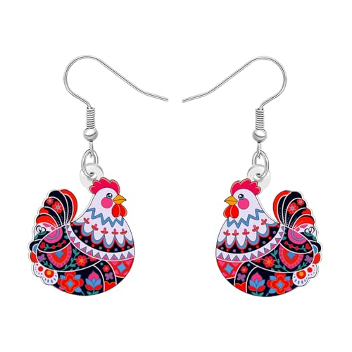 DOWAY Acryl Lustige Huhn Ohrringe Boho Floral Print Hen Baumeln Bohemian Schmuck Statement Boho Geschenke für Damen Mädchen Mama Landwirte Huhn Liebhaber (Rot) von DOWAY