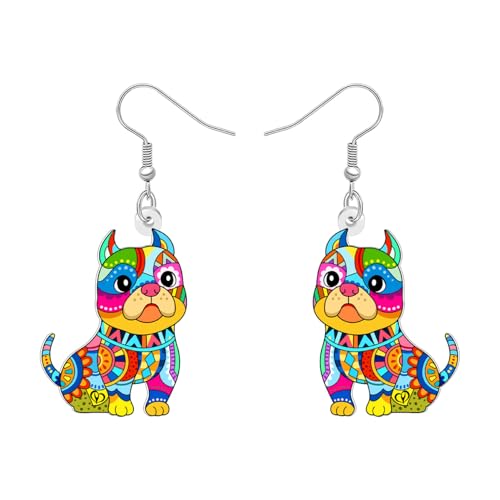 DOWAY Acryl Niedlich Pit Bull Hund Ohrringe Boho Floral Print Baumeln Bohemian Schmuck Boho Pitbull Geschenke für Hundeliebhaber Damen Mädchen Mama (Buntes) von DOWAY
