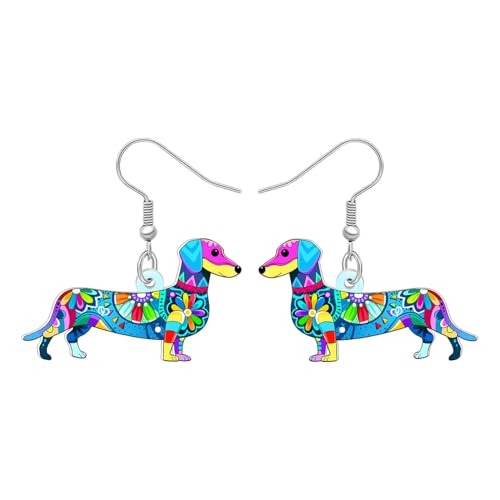 DOWAY Acryl Niedliche Dackel Ohrringe Boho Floral Print Baumeln Bohemian Schmuck Boho Weiner Hund Geschenke für Hundeliebhaber Damen Mädchen Mama (Blau) von DOWAY