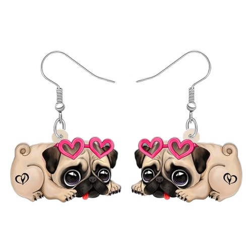 DOWAY Acryl Siberian Husky Chihuahua Beagle Dackel Yorkshire Terrier Mops Hund Ohrringe Hanging Dangle Drop Pet Schmuck für Damen Mädchen Kinder Charme Geschenk (Mops C) von DOWAY