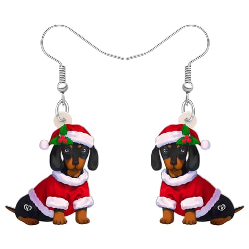 DOWAY Acryl Siberian Husky Chihuahua Beagle Dackel Yorkshire Terrier Mops Hund Ohrringe Hanging Dangle Drop Pet Schmuck für Damen Mädchen Kinder Charme Geschenk (Weihnachts Dachshund) von DOWAY