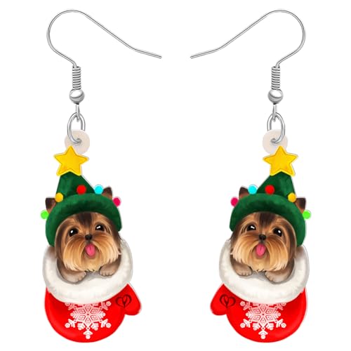 DOWAY Acryl Siberian Husky Chihuahua Beagle Dackel Yorkshire Terrier Mops Hund Ohrringe Hanging Dangle Drop Pet Schmuck für Damen Mädchen Kinder Charme Geschenk (Weihnachts Yorkshire) von DOWAY