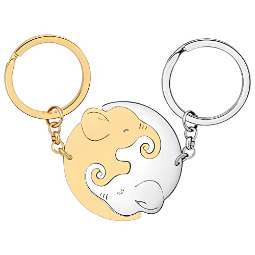 DOWAY Edelstahl Elefant Schlüsselanhänger Ringe Süß Elefant Geschenke für Damen Mädchen Charms Elefanten Dekor Schmuck Autozubehör (Paar Gold + Silber) von DOWAY