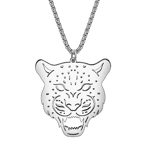 DOWAY Edelstahl Leopard Tiger Kopf Halskette Anhänger Cute 18K Gold Plated Dschungel Tiere Tiger Schmuck Geschenke für Damen Mädchen Tiger Stuff Charms (Leopard Silber) von DOWAY