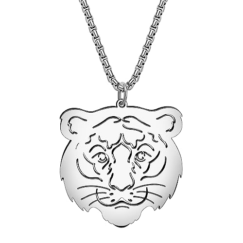 DOWAY Edelstahl Leopard Tiger Kopf Halskette Anhänger Cute 18K Gold Plated Dschungel Tiere Tiger Schmuck Geschenke für Damen Mädchen Tiger Stuff Charms (Tigerkopf Silber) von DOWAY