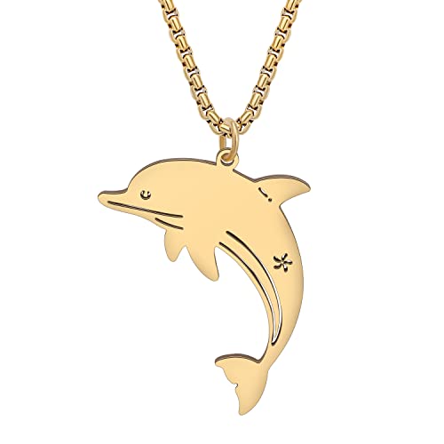 DOWAY Edelstahl Ozean Hai Schildkröte Halskette 18K Gold plattiert Delfin Qualle Wal Anhänger Kette Sommerschmuck Geschenke für Damen Mädchen (Delphin Gold) von DOWAY