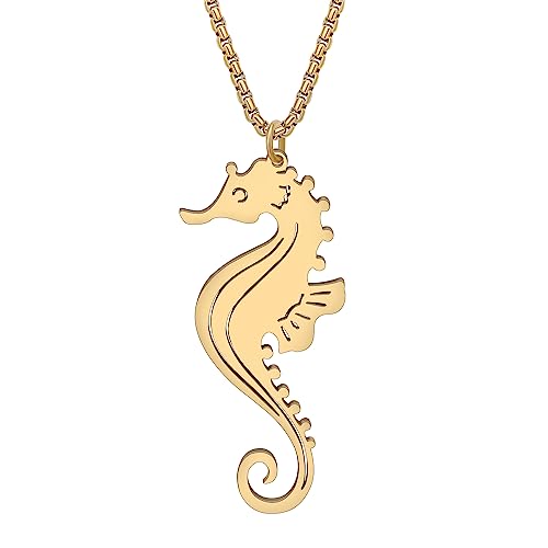 DOWAY Edelstahl Ozean Hai Schildkröte Halskette 18K Gold plattiert Delfin Qualle Wal Anhänger Kette Sommerschmuck Geschenke für Damen Mädchen (Seepferdchen Vergoldet) von DOWAY