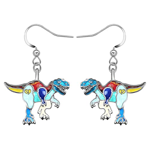 DOWAY Emaille Dinosaurier Ohrringe Tyrannosaurus Rex Dangle Triceratops Schmuck für Frauen Mädchen Dino Geschenke (Blauer Tyrannosaurus Rex) von DOWAY