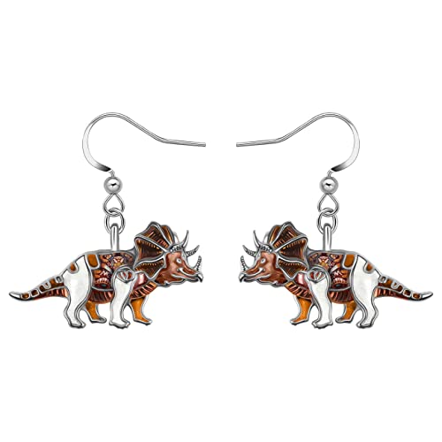 DOWAY Emaille Dinosaurier Ohrringe Tyrannosaurus Rex Dangle Triceratops Schmuck für Frauen Mädchen Dino Geschenke (Brauner Triceratops) von DOWAY