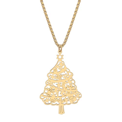 DOWAY Emaille Weihnachten Schneemann Halskette Anhänger Charm Schmuck für Frauen Mädchen Kinder Geschenk (Edelstahl Weihnachtsbaum Gold) von DOWAY