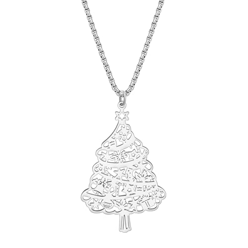 DOWAY Emaille Weihnachten Schneemann Halskette Anhänger Charm Schmuck für Frauen Mädchen Kinder Geschenk (Edelstahl Weihnachtsbaum Silber) von DOWAY