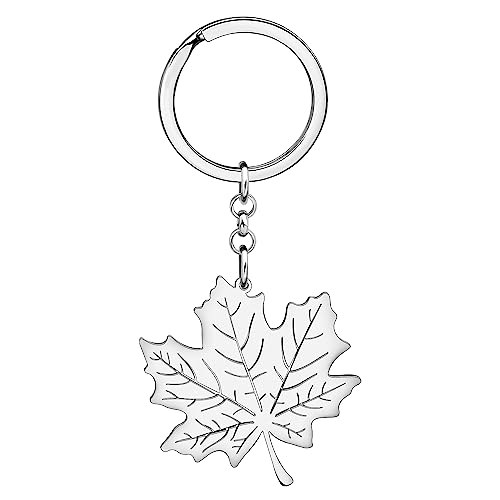 DOWAY Zierliche Edelstahl Ahornblatt Schlüsselanhänger Ahorn Schlüsselring Herbst Geschenke Autoschlüssel Zubehör Charms für Damen Mädchen (Versilbert) von DOWAY