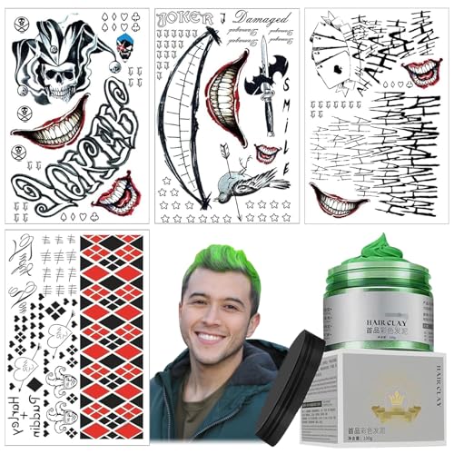 DOWNDRIFT Joker Tattoos,4 Blätter Joker Temporäre Tattoos Aufkleber 100g Grün Haarwachsfarbe,Fake Tattoo Aufkleber,Clown Tattoo Aufkleber,Temporäres Haarfarbe für Halloween Party Karneval Accessoires DOWNDRIFT Joker Tattoos,4 Blätter Joker Temporäre Tattoos Aufkleber 100g Grün Haarwachsfarbe,Fake Tattoo Aufkleber,Clown Tattoo Aufkleber,Temporäres Haarfarbe für Halloween Party Karneval Accessoires von DOWNDRIFT