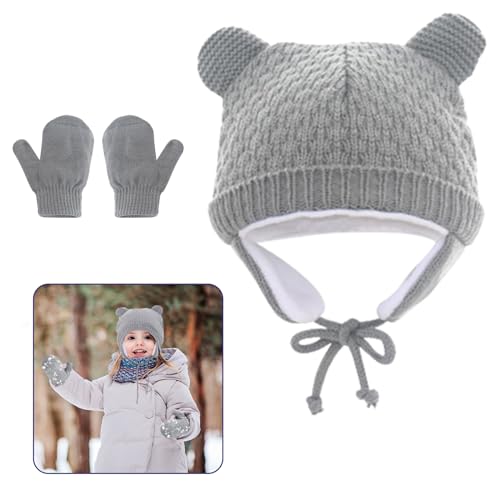 DOWNDRIFT Neugeborene Wintermuetze, Baby Winter Cap, Wintermützen Baby, Mützen Kleinkind mit Fäustling Kombiset für Kleinkind, Junge und Mädchen-Grau von DOWNDRIFT