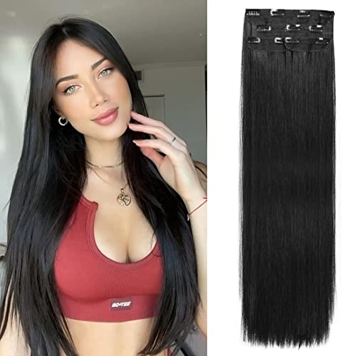 Clip-in-Extensions für Damen, natürlich, dick, schwarz, 4 Stück, lang, gerade, mit Clip, klassische Haarverlängerungen für Heimwerker (gebrochenes Schwarz, 66 cm – gerade) von DOcute