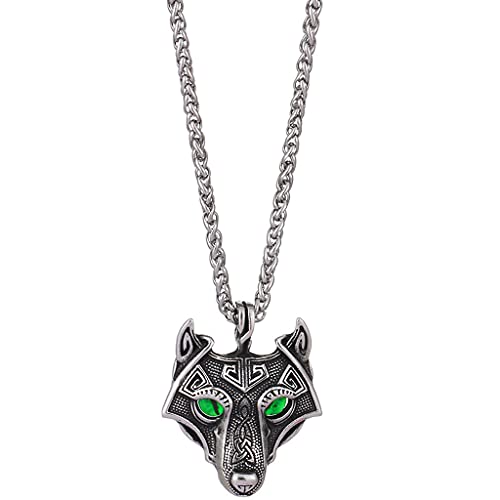 DPGOLDP Wikinger Fenrir Wolf Smaragd grünen Augen Herren Anhänger mit 24 Zoll Kette Nordisches Schmuck Amulett Papa Geschenk von DPGOLDP