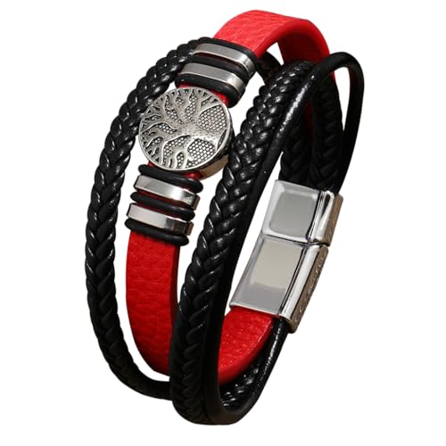 DPGOLDP Wikinger Leder Armband Edelstahl Yggdrasil Magnetverschluss Nordischer Herren Amulett Schmuck 21cm (Inklusive Geschenktüte),Rot leder von DPGOLDP