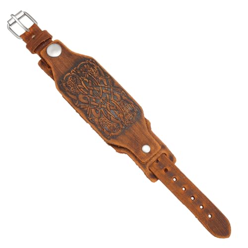DPGOLDP Wikinger Leder Uhr Band Geprägte Nordisch Symbol Kompatibel mit Apple Uhr 44mm 42mm 40mm 38mm Retro Armbänder für Herren Damen Geschenk,Celtic knot brown,38/40mm von DPGOLDP