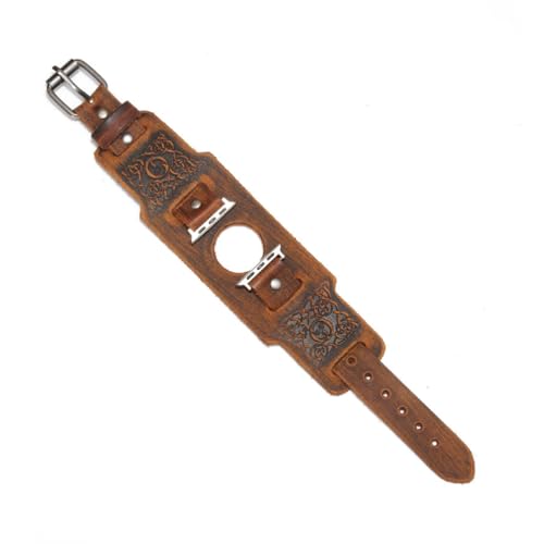 DPGOLDP Wikinger Leder Uhr Band Geprägte Nordisch Symbol Kompatibel mit Apple Uhr 44mm 42mm 40mm 38mm Retro Armbänder für Herren Damen Geschenk,Odins horn brown,42/44mm von DPGOLDP