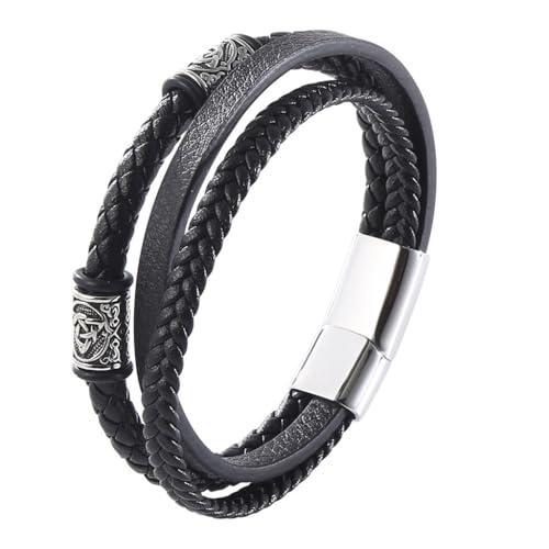 DPGOLDP Wikinger Lederarmband mit Edelstahl Celtic Knot Runen Perlen Punk Armreif für Herren Damen Amulett Schmuck Geschenk,Schwarz,165mm von DPGOLDP