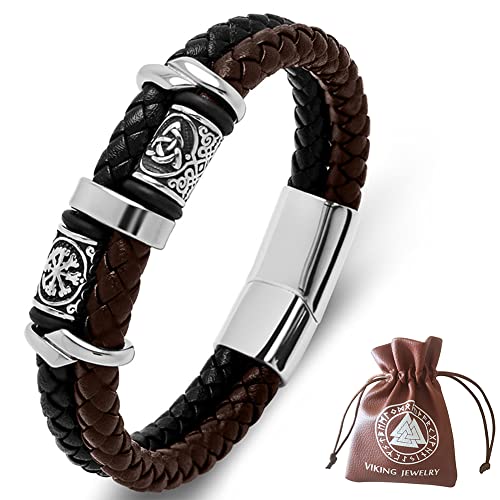 DPGOLDP Wikinger Lederarmband mit Edelstahl Celtic Knot & Vegvisir Runen Perlen Amulett Armbänder für Herren Damen,Black brown,205mm von DPGOLDP