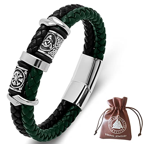 DPGOLDP Wikinger Lederarmband mit Edelstahl Celtic Knot & Vegvisir Runen Perlen Amulett Armbänder für Herren Damen,Black green,185mm von DPGOLDP