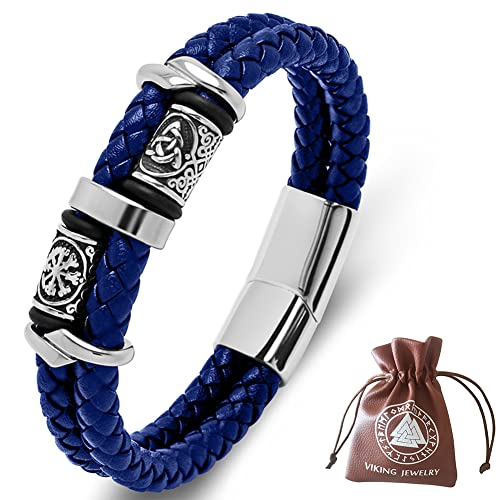 DPGOLDP Wikinger Lederarmband mit Edelstahl Celtic Knot & Vegvisir Runen Perlen Amulett Armbänder für Herren Damen,Blau,185mm von DPGOLDP