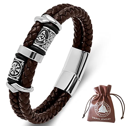 DPGOLDP Wikinger Lederarmband mit Edelstahl Celtic Knot & Vegvisir Runen Perlen Amulett Armbänder für Herren Damen,Braun,205mm von DPGOLDP