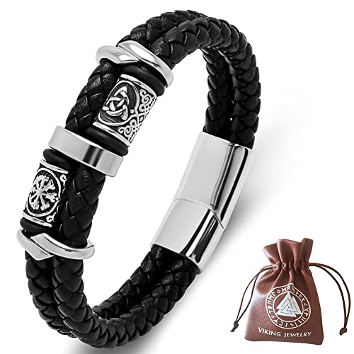 DPGOLDP Wikinger Lederarmband mit Edelstahl Celtic Knot & Vegvisir Runen Perlen Amulett Armbänder für Herren Damen,Schwarz,165mm von DPGOLDP