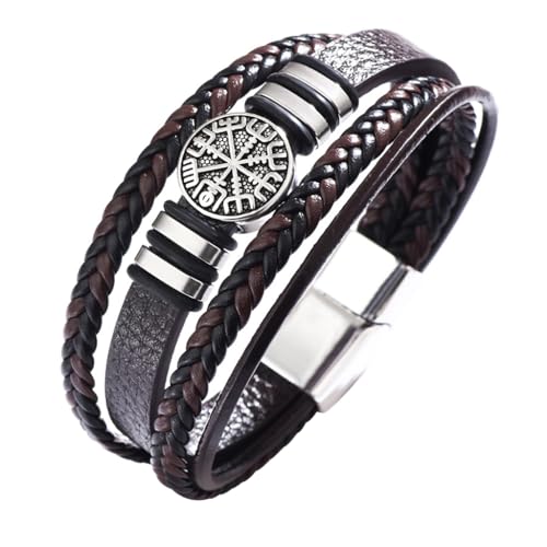 DPGOLDP Wikinger Mehrreihiges Lederarmband mit Vegvisir Perlen Amulett Schmuck Armbänder für Herren Damen(Inklusive Geschenktüte),Braun,21cm von DPGOLDP