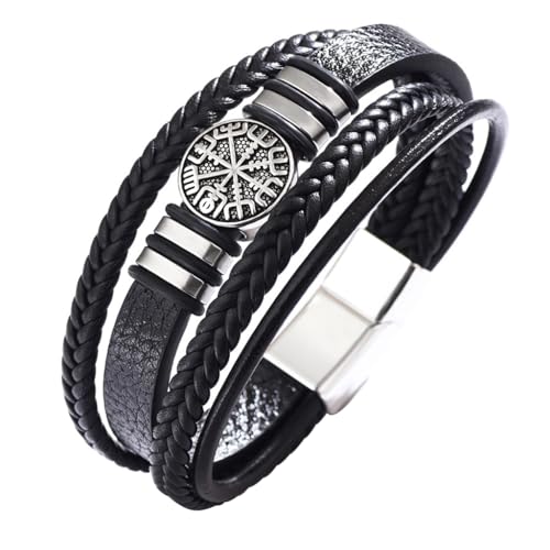 DPGOLDP Wikinger Mehrreihiges Lederarmband mit Vegvisir Perlen Amulett Schmuck Armbänder für Herren Damen(Inklusive Geschenktüte),Schwarz,21cm von DPGOLDP