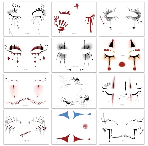 DPKOW 12 Blätter Halloween Gesichtstattoos temporäre Halloween Wunden Kratzer Tattoos Clown Spinnennetz Tattoos Halloween Schminke Tattoo Fake Halloween Make-up Maskerade Zubehör Damen Herren Kinder von DPKOW