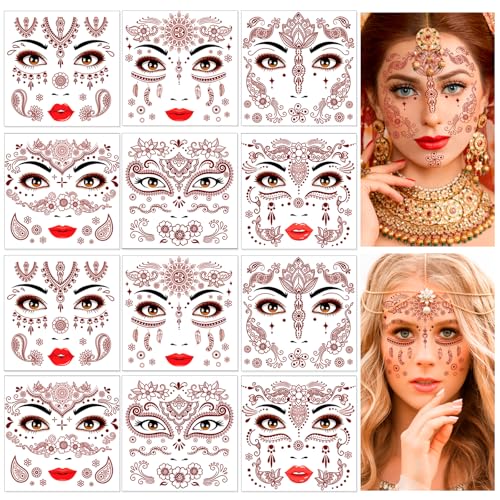 DPKOW 12 Stk Gesichtstattoos Mandala Blumen Temporäre Tattoos, braun rote Klebetattoos indische Spitzen Temporäre Tattoo Eid Ramadan Schminke Frauen Mädchen, Wasserdichte Temporäre Tattoos von DPKOW