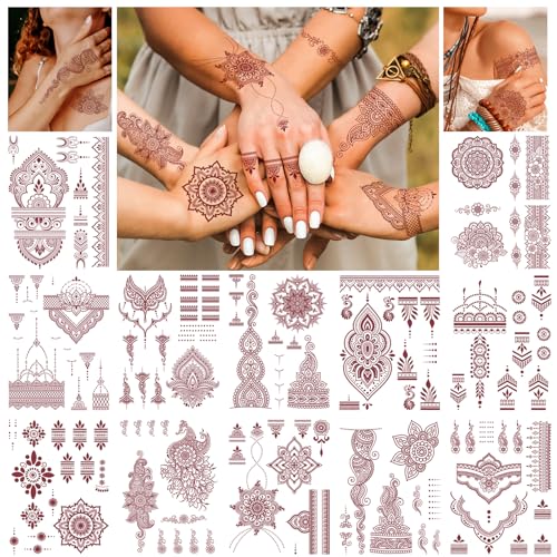 DPKOW 12pcs Braun Rot Spitze Temporäre Tattoos, Mandala Blume Tattoo Aufkleber für Frauen Mädchen Händen Körper Gesicht, Indische Gefälschte Tattoos Eid Hochzeit Party Gunst, Wasserdicht Böhmen Tattoo von DPKOW