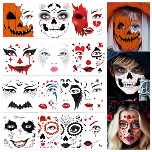 DPKOW 14 Stil Gesicht Tattoo Halloween Schminke Make Up Accessoires Halloween Kostüm Damen Männer Kinder Teufel Clown Joker Tattoos Skelett Totenkopf Tattoo Spinnen Fledermaus Vampir Gesichtstattoos von DPKOW