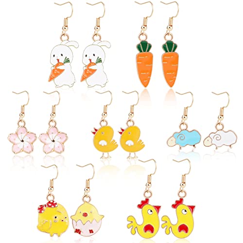 DPKOW 7 Paare Ostern Ohrringe Ohrhänger Set, Ostern Tropfen Baumeln Ohrringe Durchbohrt Ohrringe für Mädchen Damen Kinder Modeschmuck Geschenke, Ostern Küken Kaninchen Hase Ohrringe Karotte Lamm Blume von DPKOW
