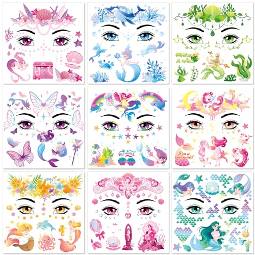 DPKOW Meerjungfrau Gesichtstattoos Kinder Meerjungfrau Temporäre Tattoos Einhorn Meerjungfrau Tattoos Aufkleber Meerjungfrau Klebetattoos Erwachsene Kinder Cosplay Rave Accessoires Festival Tattoos von DPKOW