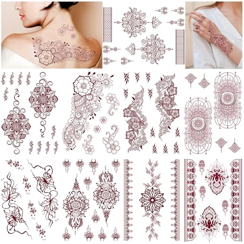 DPKOW 9pcs Braun Rot Temporäre Tattoos Mandala Blume Gefälschte Tattoo Aufkleber für Frauen Mädchen Händen Körper Gesicht, Indische Spitze Tattoos Eid Hochzeit Party Gunst Liefert, Wasserdicht von DPKOW