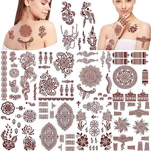 DPKOW 9 Blatt Henna Tattoo Braun Rot Temporäre Tattoos für Frauen Mädchen Lotus Mandala Blume Tattoo Aufkleber Indische Spitze Tattoo Wasserdicht Eid Hochzeit Temporäre Tattoo für Hand Arm Körperkunst von DPKOW