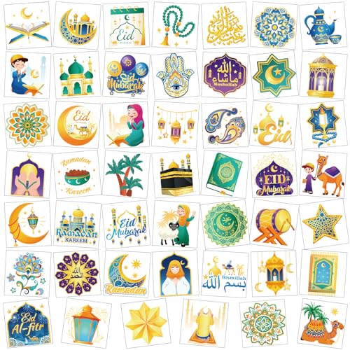 DPKOW 96 Stk Eid Mubarak Tattoos für Erwachsene Kinder, Islamische Mond Stern Temporäre Tattoos Aufkleber für Ramadan Eid Körperkunst Gastgeschenke, Moschee Hamsa Blumen Muslimische Gebetsperlen von DPKOW