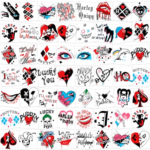 DPKOW 96pcs Harley Quinn Temporäre Tattoos, Quinn Klebetattoos Quinn Fake Tattoos Quinn Makeup Kostüm Partyzubehör Halloween Tattoos Harley Quinn Kostüm Kinder Damen Karneval Fasching Accessoires von DPKOW