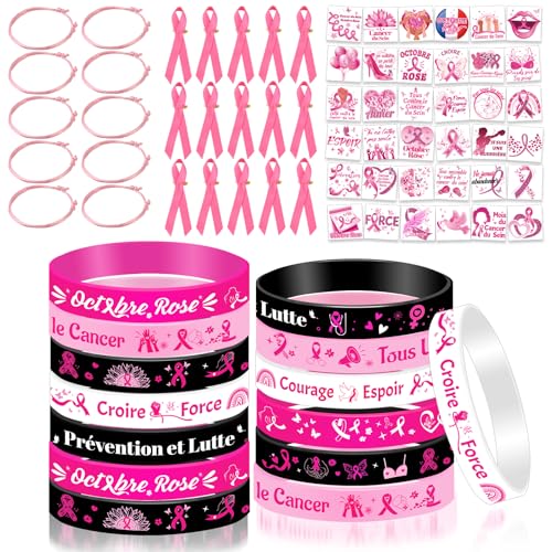 DPKOW Accessoires Octobre Rose Goodies Kit, Tatouages Bracelets Octobre Rose Ruban en Tissu sur Une Épingle pour Octobre Rose Cancer du Sein Sensibilisation von DPKOW