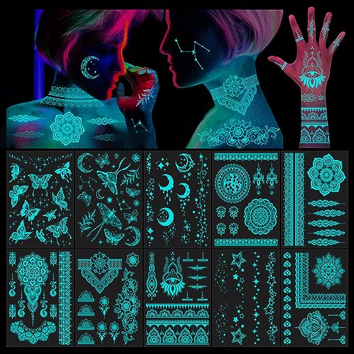 DPKOW Blau im Dunkeln leuchtende temporäre Tattoos Henna Spitze für Frauen Mädchen Hand Arm Körperkunst, 10 Blätter Mandala Blume temporäre Tattoo Aufkleber Mond Stern Schmetterling Klebetattoos Neon von DPKOW
