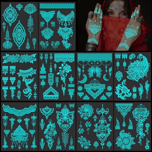 DPKOW Blau Leuchtende Temporäre Tattoos, 10pcs im Dunkeln leuchtende Tattoos Aufkleber Indische Spitze Temporäre Aufkleber für Frauen Mädchen Händen Körper Gesicht, Neon Mandala Blume Aufkleber von DPKOW