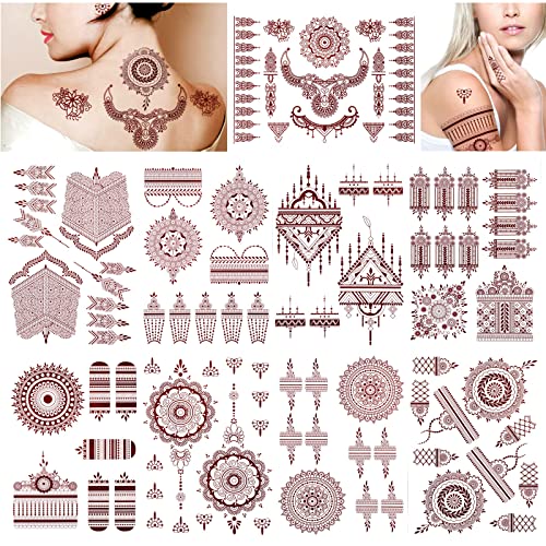 DPKOW Braunrotes Spitze Temporäre Tattoos Set für Hand Arm Körperkunst, 9 Blätter Mandala Blume Klebe Tattoos für Erwachsene Frauen Mädchen, Wasserfest Fake Tattoo Aufkleber für Eid Hochzeit Zubehör von DPKOW