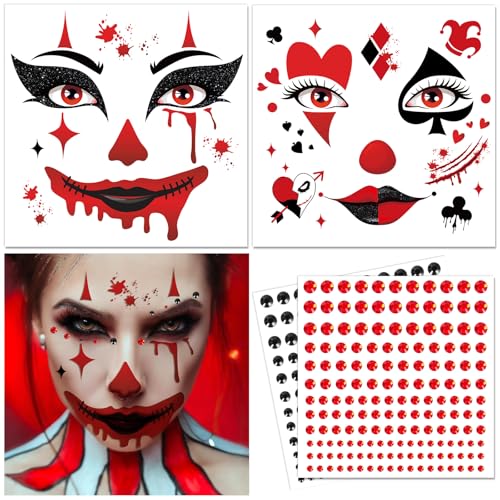 DPKOW Clown Tattoo Gesicht Halloween Make Up Accessoires, mit Glitzersteine Gesicht, Joker Tattoos Gesichtstattoos Halloween Clown Kostüm Zubehör für Kinder Damen Herren Cosplay Karneval Kostümzubehör von DPKOW