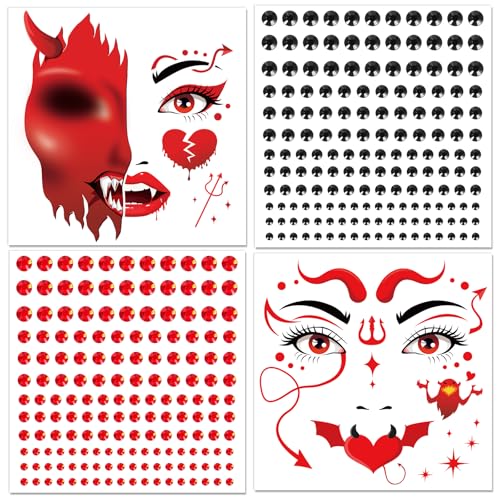 DPKOW Devil Face Tattoos, Halloween Teufel temporäre Tattoos Aufkleber mit Gesicht Edelsteine, Fake TATTOOS für Halloween Zubehör von DPKOW