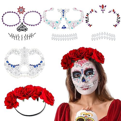 DPKOW Dia de Muertos Haarreif Tag der Toten Rosen Haarreif Mexikanischen Blumen Kronen mit Halloween Glitzersteine Gesicht Temporäre Tattoo für Halloween Kostüm Damen Tag der Toten Kostüm Accessoires von DPKOW