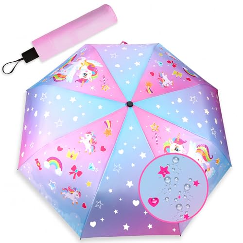 DPKOW Farbwechsel bei Regen Regenschirm Kinder, Einhorn Regenschirm Taschenschirm, Kinderschirm für Schulranzen, Mädchen Einschulungsgeschenke, Kinderregenschirme, Mädchen, 98cm von DPKOW